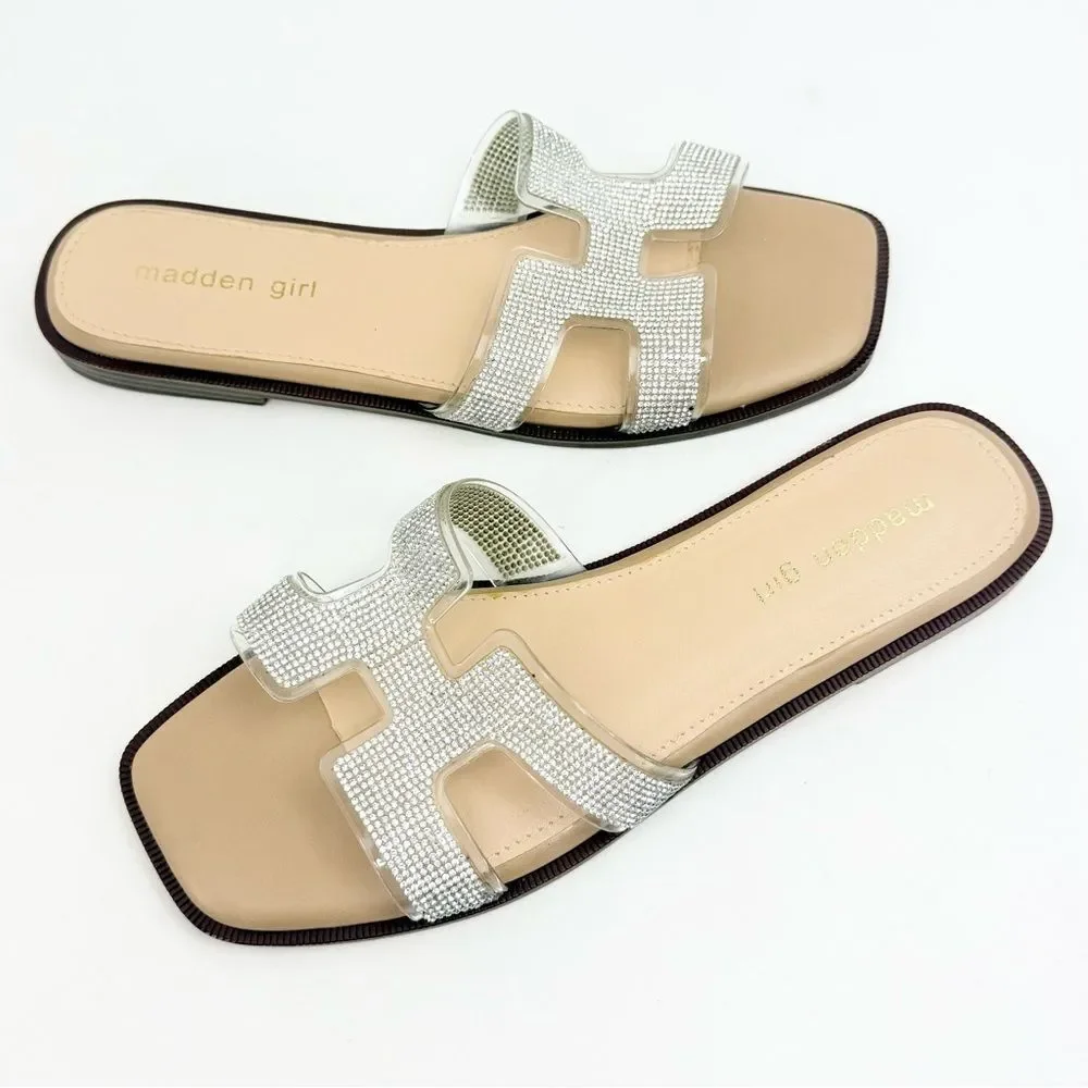 Madden Girl HAILEY Silver Rhinestone Sparkle H Strap Slip On Slide Sandals